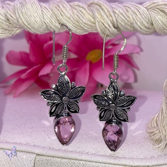 Pretty Pink Kunzite Gemstone Handmade Flower Earrings - Picture 2 of 4